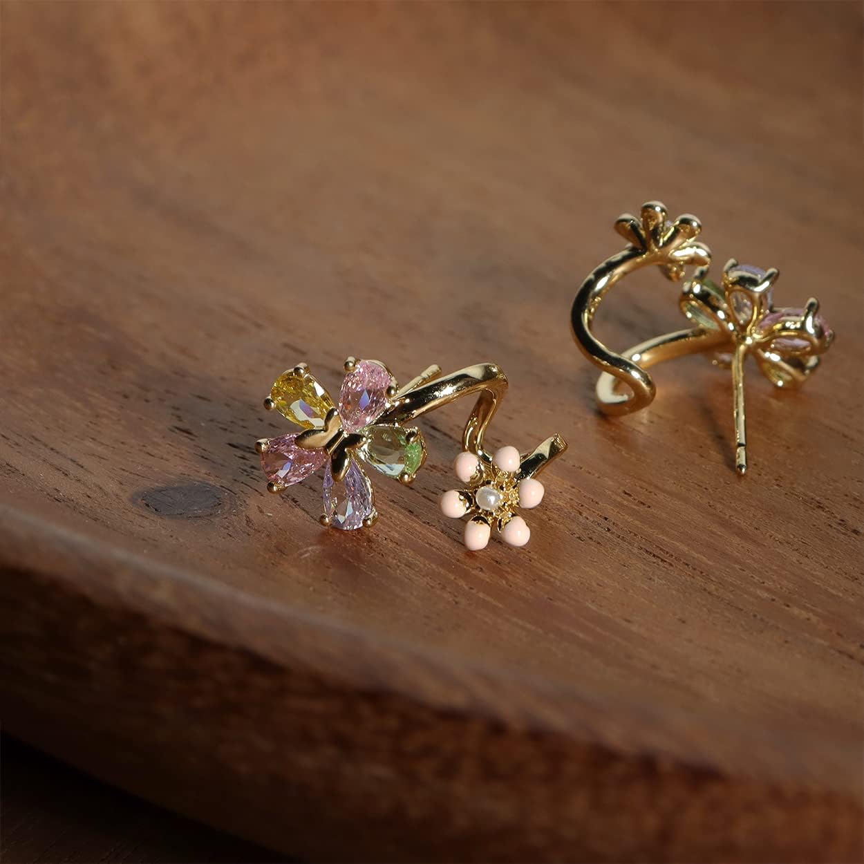 Jean Beau Dainty Cubic Zirconia Leaf Gold Ear Cuff Earrings for Women, Cute Trendy Rhinestone Sparkly Dangling Cartilage Wrap Everyday Prom Fashion Jewelry Gift