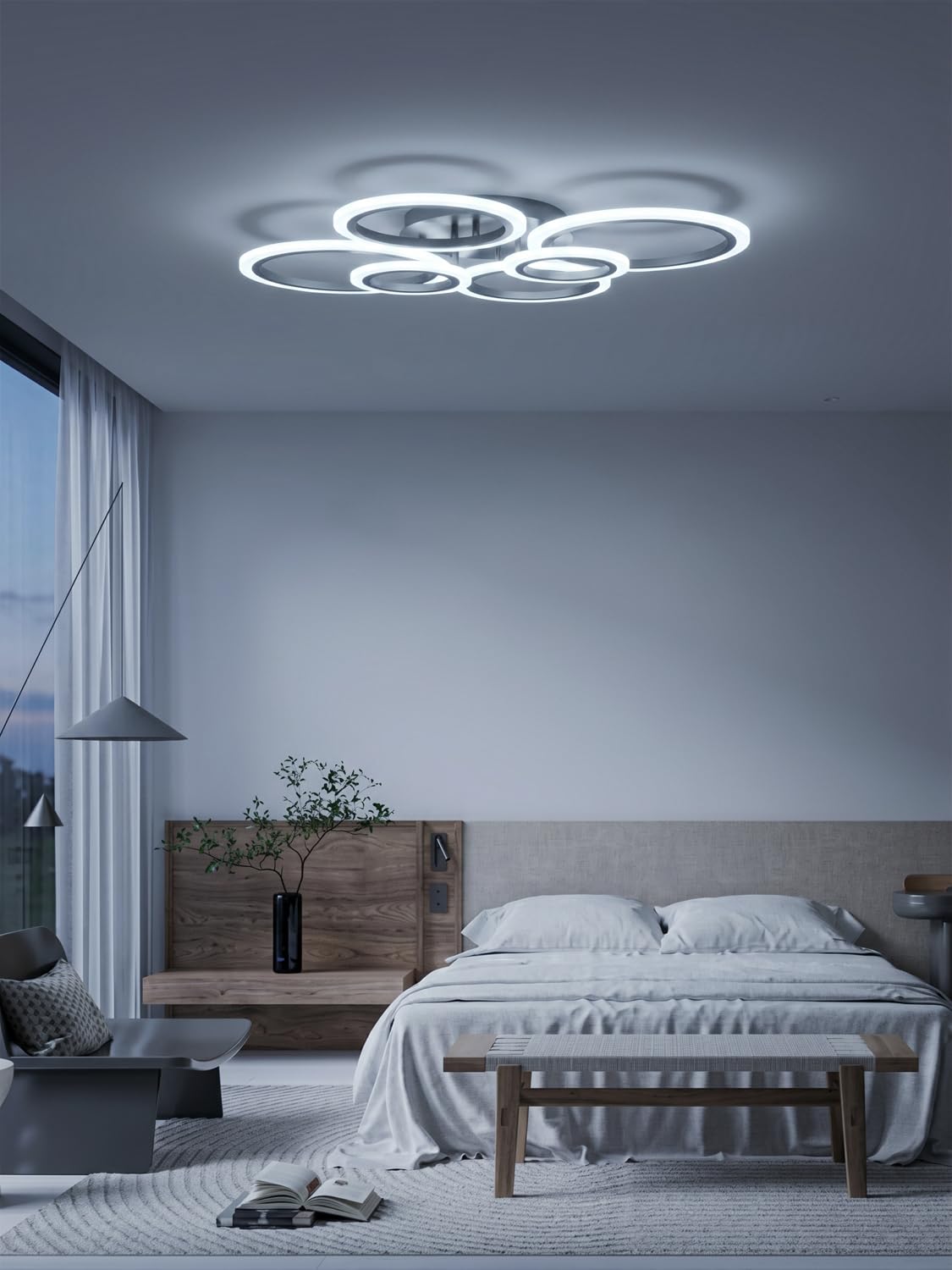 Inteligentna lampa sufitowa LED, współpracuje z Alexa i Google Home, ściemniana z regulowaną temperaturą barwową (3000 K-6500 K), nowoczesny design z 6 pierścieniami do salonu, sypialni, czarna