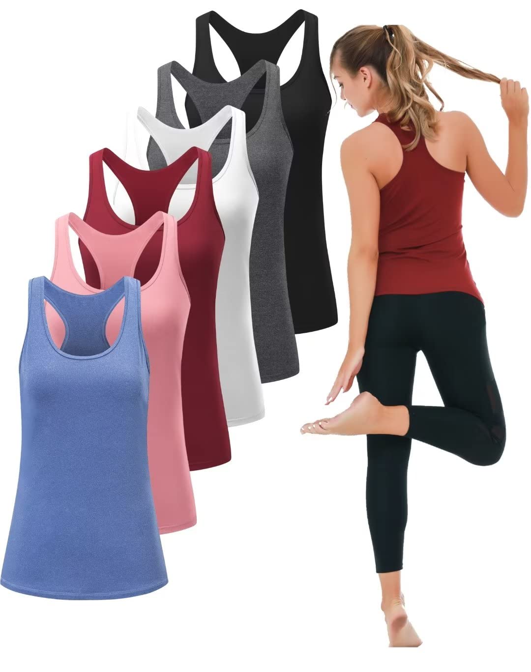 TELALEO6 Pack Workout Tank Tops for Women Black/Grey/White/Red/Pink/Blue S