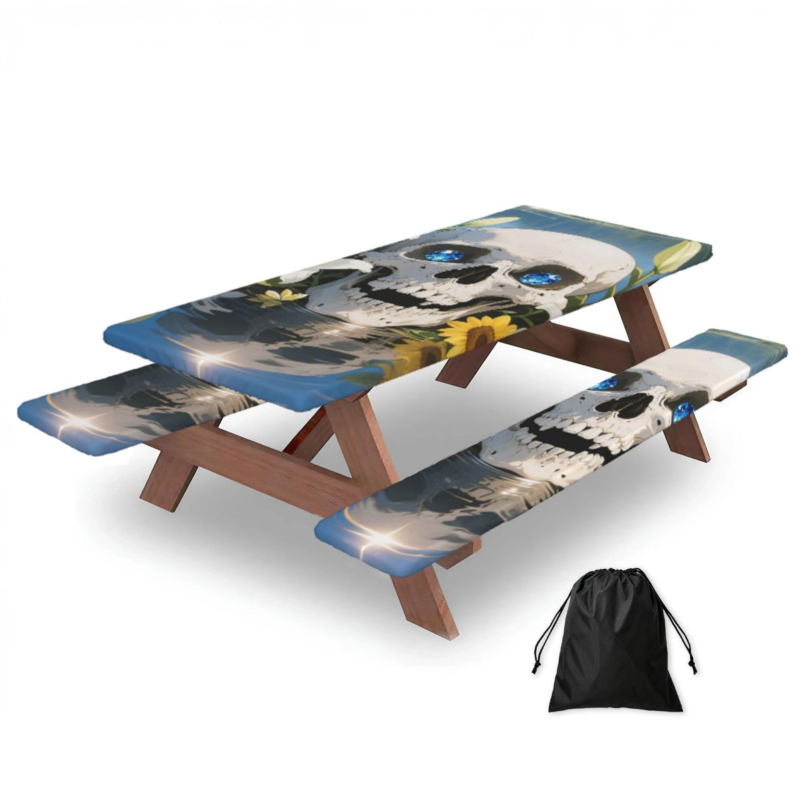 FekiLoot Human Skull Flowers Leaves Picnic Table Cover with Bench Covers and Bag, Windproof Waterproof Rectangle Tablecloth with Elastic Edges Fitted Camping Table Covers for Picnic Party Travel