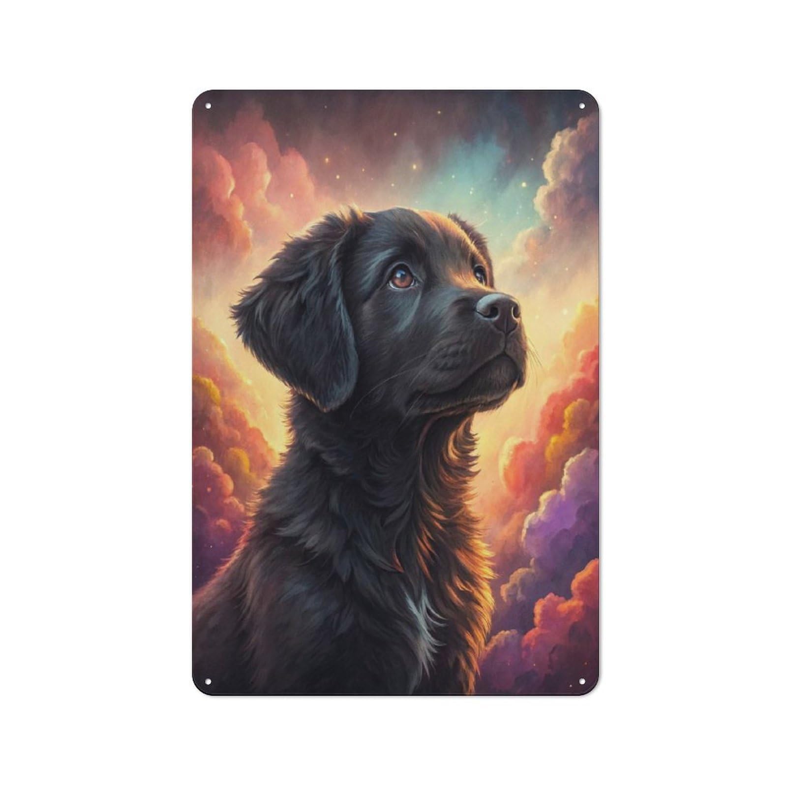 Junmoney Style-14 Black Dog In A Dreamy Sky Tin Sign 30X20cm, Modern Vintage Creative Space Decor For Hobby Room, Office, Lounge Or Living Room