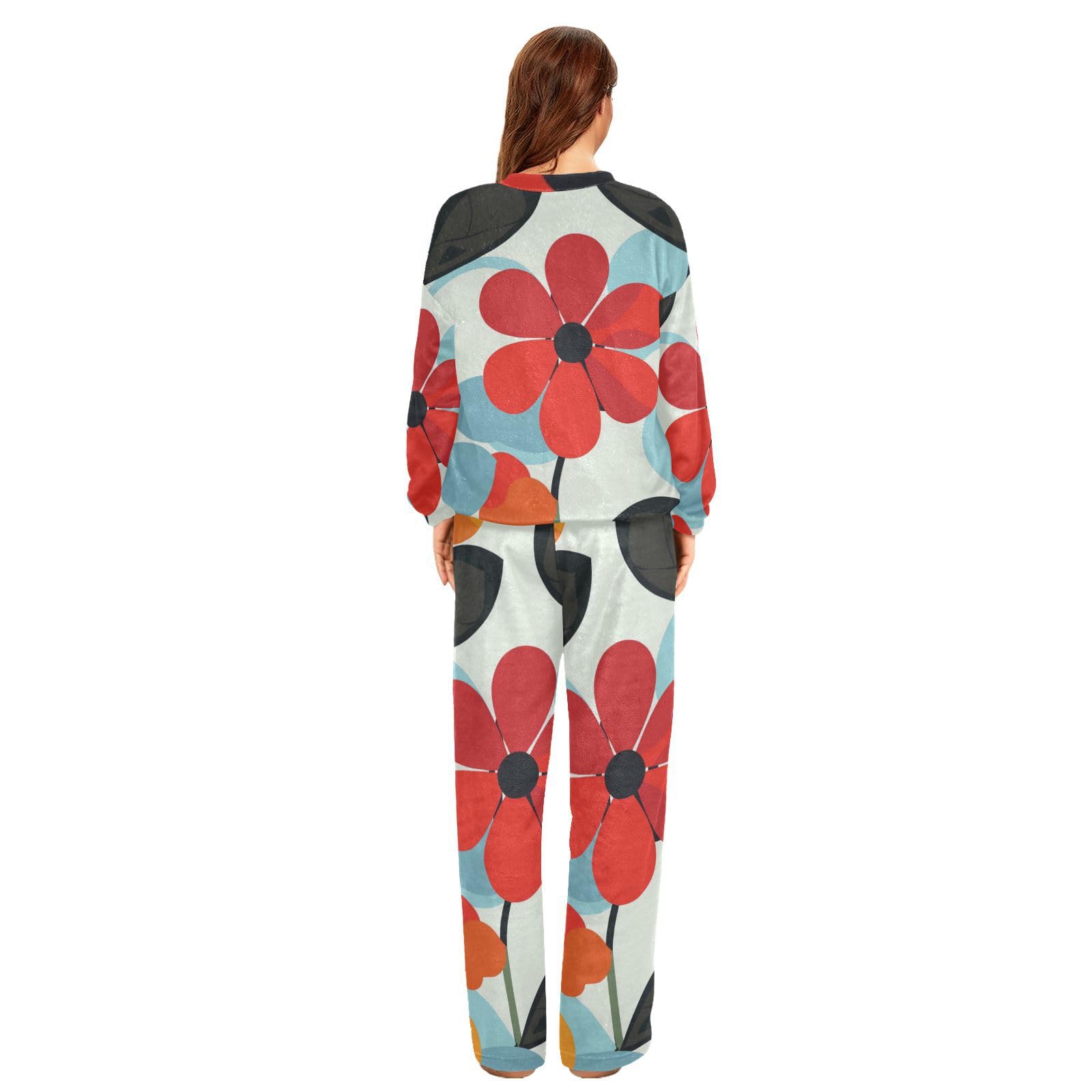 Retro Fiori Arancione Classico Donne Due Pezzi Pigiami Pile Girocollo Manica Lunga Pigiama Set