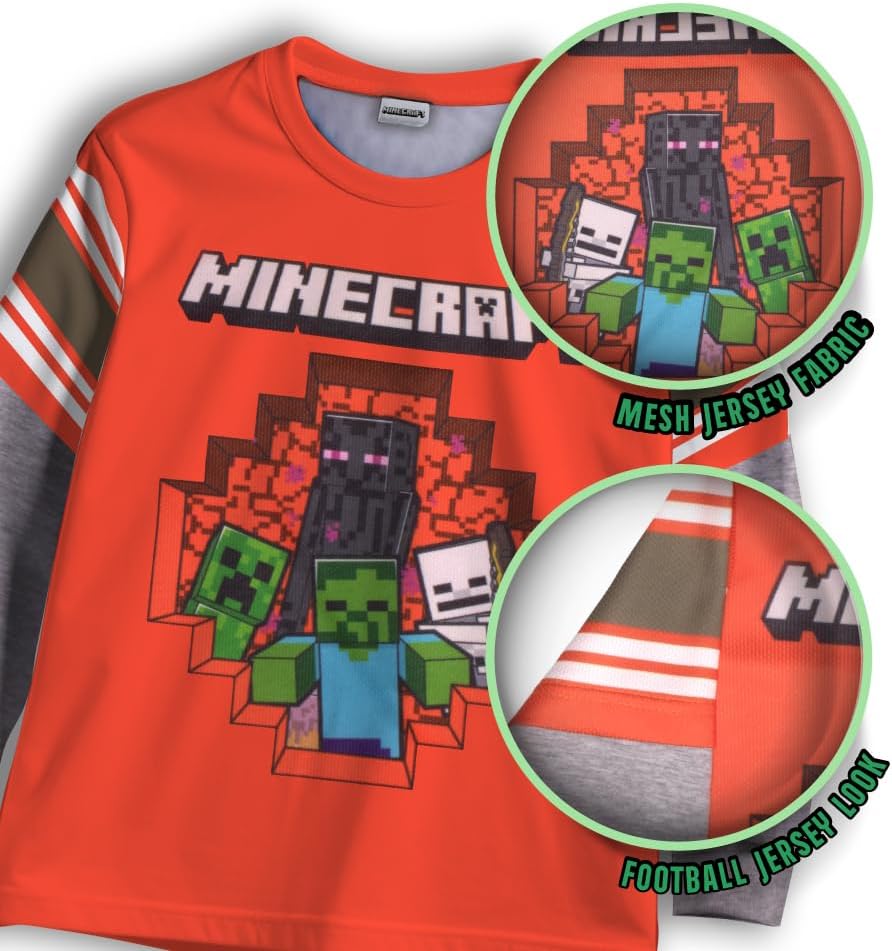 Minecraft Creeper Boys 2-Piece Jersey Set, Long Sleeve Active Mesh T-Shirt & Jogger Pants Bundle for Kids - Image 2