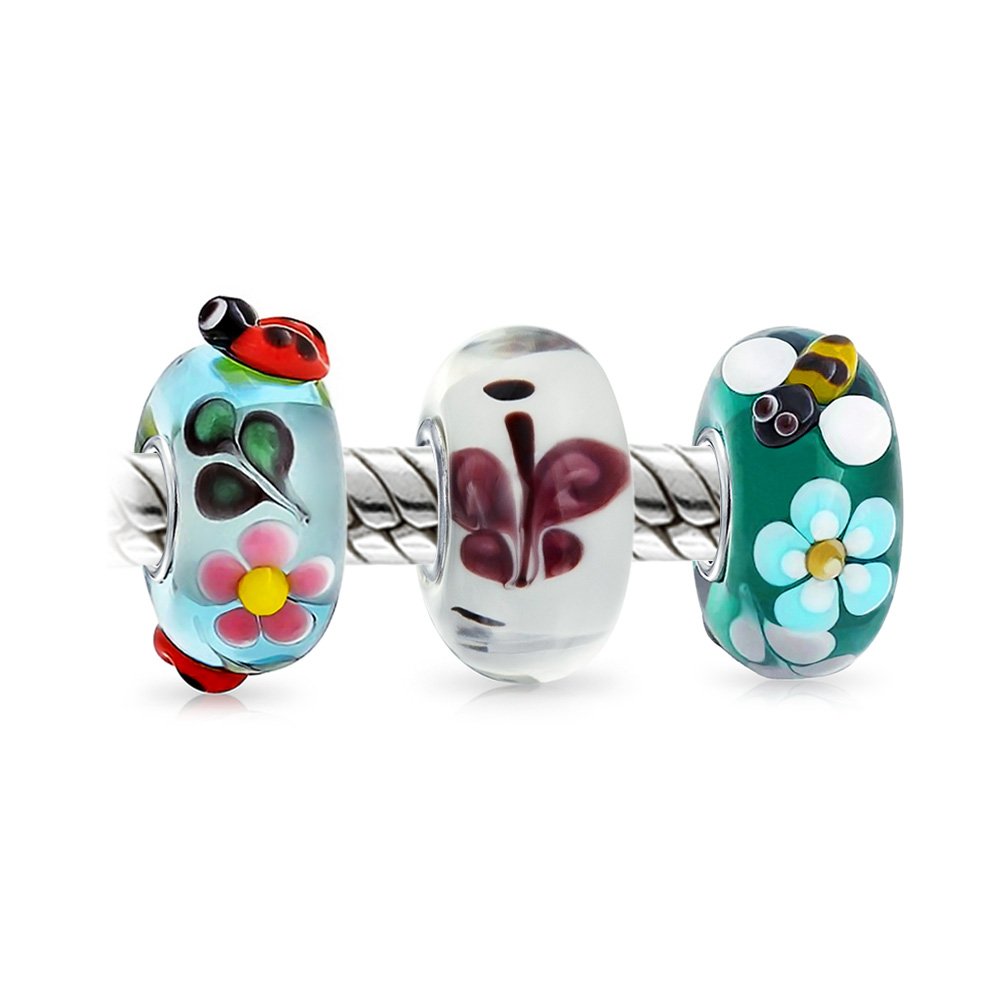 Bling Jewelry Insetto Da Giardino Misto Coccinella Farfalla Bumble Fiore Lavoro Lampada Vetro Di Murano.925 Argento Sterling Perla Spaziatura Per Braccialetto Con Ciondoli Europeo Per Le Donne