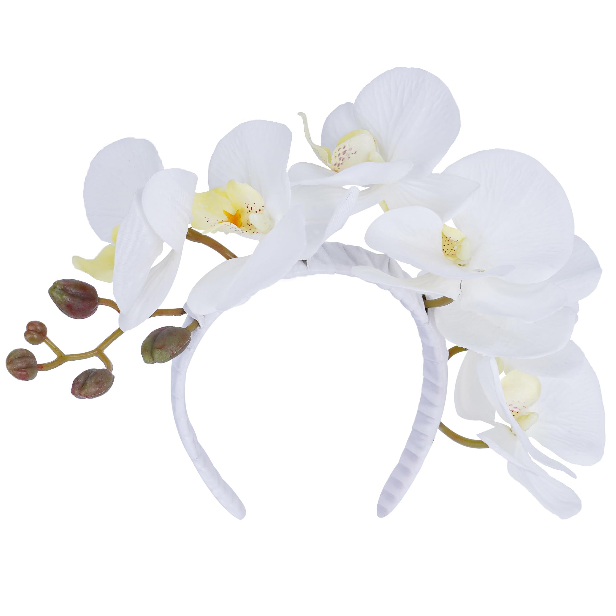 PartyforU White Wedding Flower Headband Butterfly Orchid Floral Headpiece for Bridal Bohemian Twig Fairy Crown for Bride Bridesmaid Women Girls Engagement Party Ren Fair Carnival Maternity Shoot