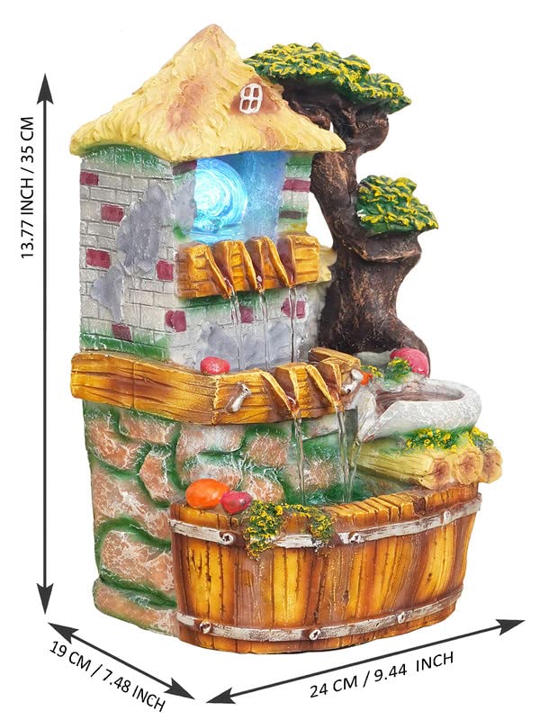 Image of Polyresin Chocolate Colour Table Top Indoor Rock Finish Waterfall Fountain for Home Decor with LED Lights, Speed Controller Pump & Crystal Ball (Size: 25.5 x 21 x 18.5CM | Wt: 1145grm)