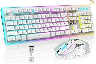 A.jAZZ Wireless Gaming Keyboard and Mouse Combo,12 RGB Chroma Backlit, Rechargeable 4200mAh Battery,Mechanical Feel Anti-ghosting Ergonomic 3200DPI Mice for Computer PC Gamer PS4 Xbox (White)