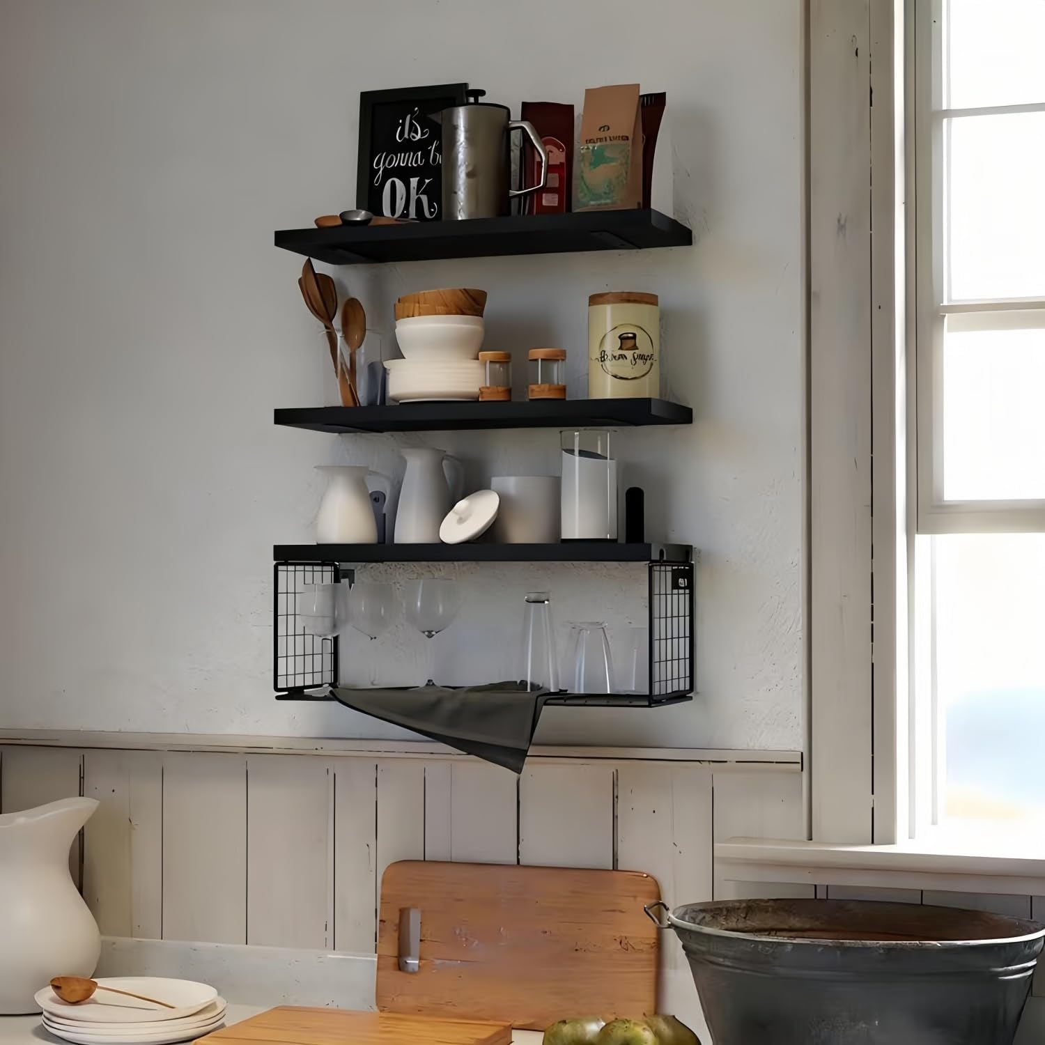 Bathroom Shelves Over Toilet, Set of 3 Wall Mounted Floating Shelves with Storage Basket Rustic Wood Shelf for Home Organization, Wall Decor for Bathroom, Kitchen, Living Room. (Black)