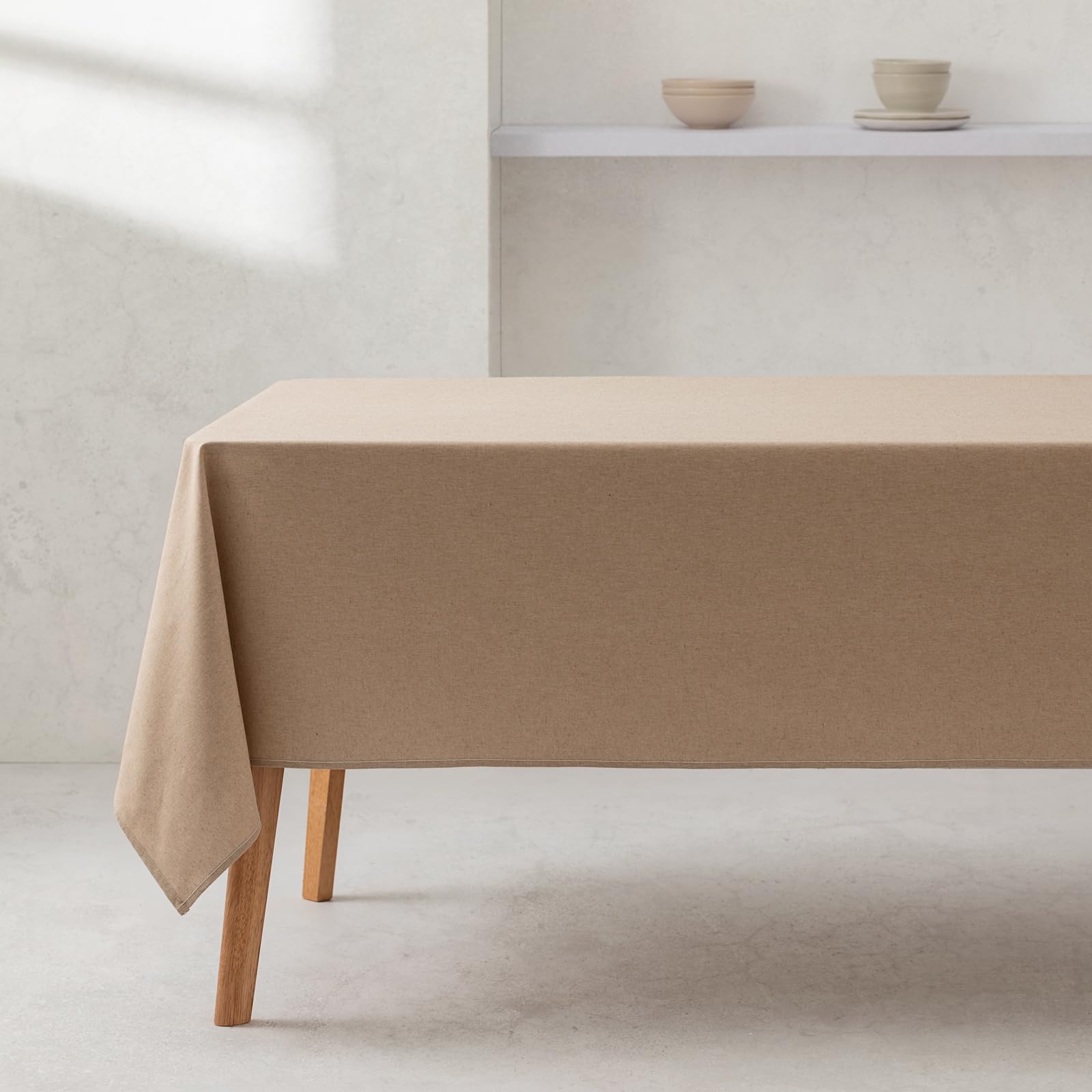 Gamusi Beige Plain Tablecloth Organic Cotton Fabric Waterproof Stain Resistant Rectangular 140 X 300 Cm