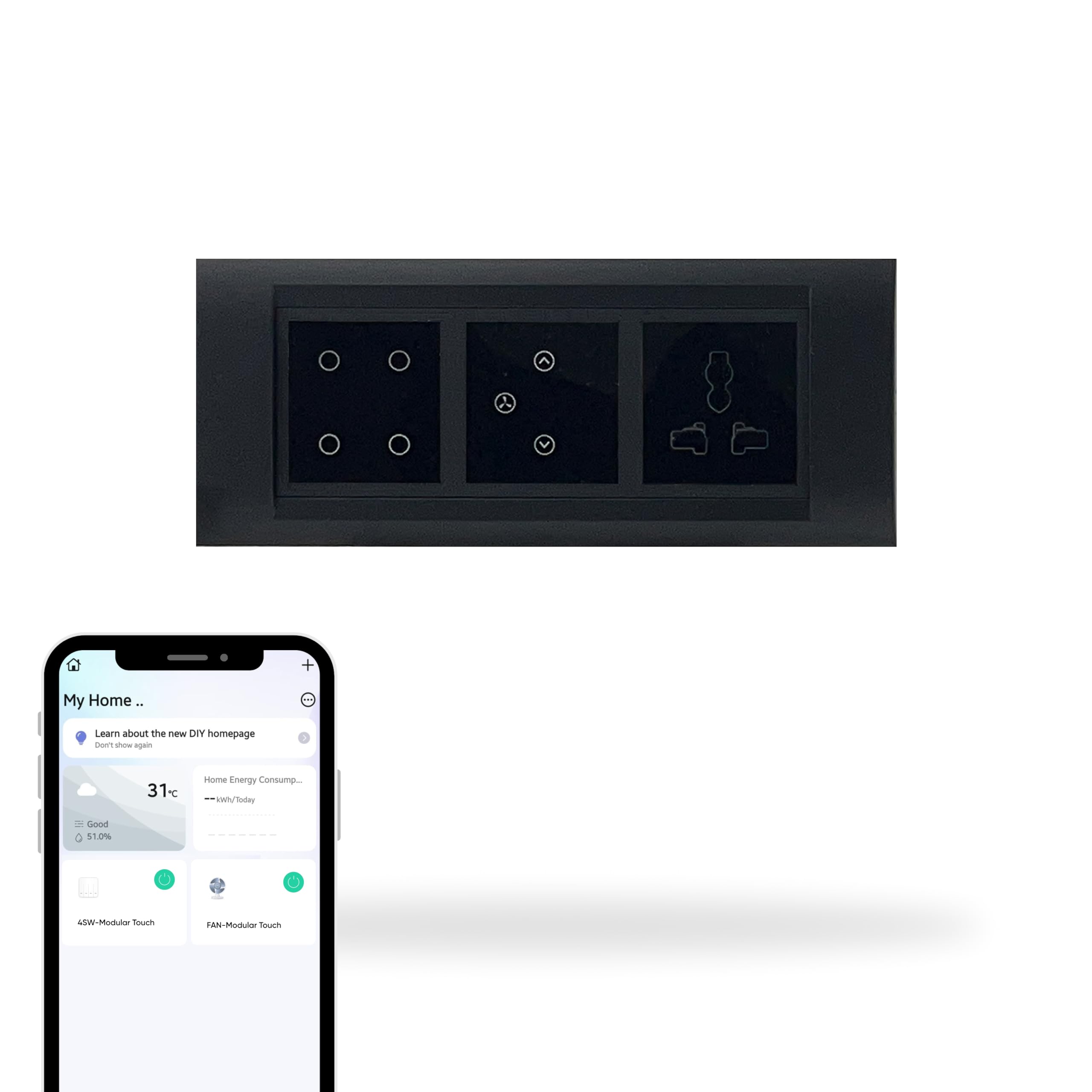 Aziot 6 Module Switch Board Plate | Smart 4 Touch, Fan Touch SW & Socket (Glass Finish) | WiFi + BLE | Google, Alexa & Siri (Black)-image-9