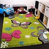 Paco Home Kinder Teppich Schmetterling Design Grün Creme Rot Pink, Grösse:80x150 cm