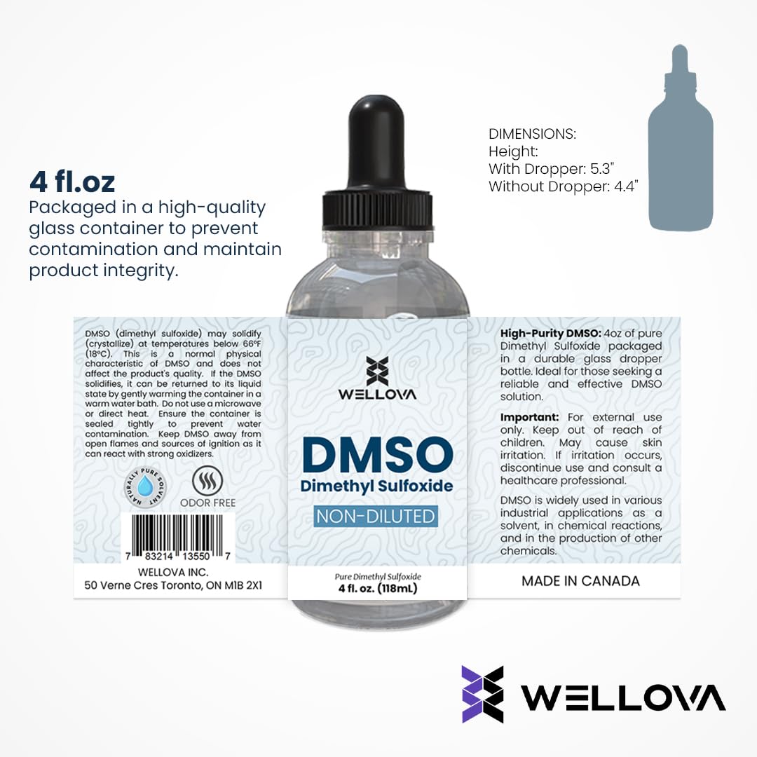 Wellova DMSO 99.9% Pharmaceutical Grade with 99.9% Purity & Low Odor - 4oz (Dimethyl Sulfoxide) Clear Glass Bottle with Dropper - Image 2