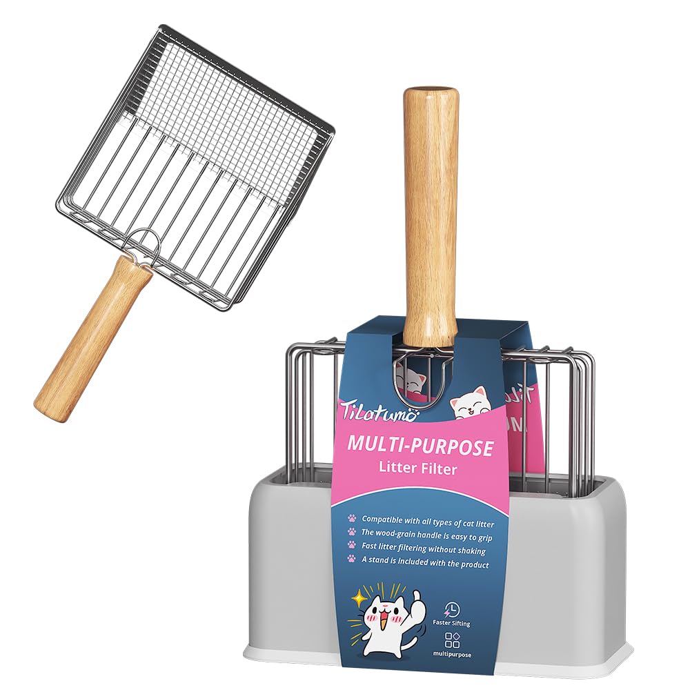 Cat Litter Scoo Easy Use Metal Litter Scoop with Comfortable Beech Wood Grip - One Easy to Clean Stand is Included