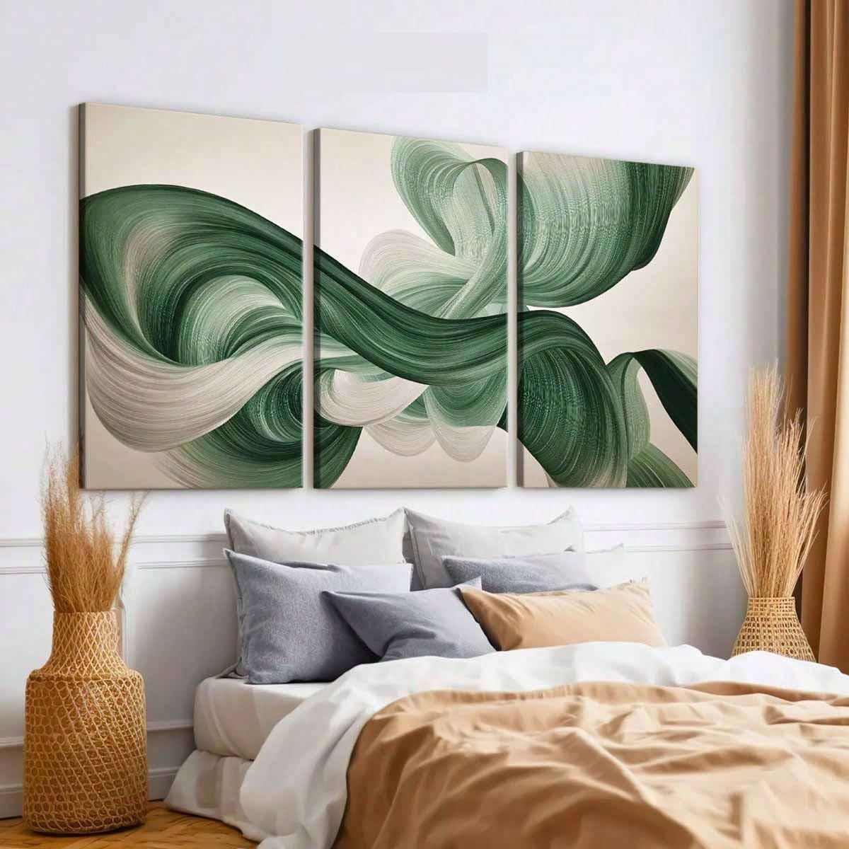 3 lienzos decorativos abstractos con remolinos verdes y blancos para la decoración de habitaciones (50x70cm x 3 / Sin marco)