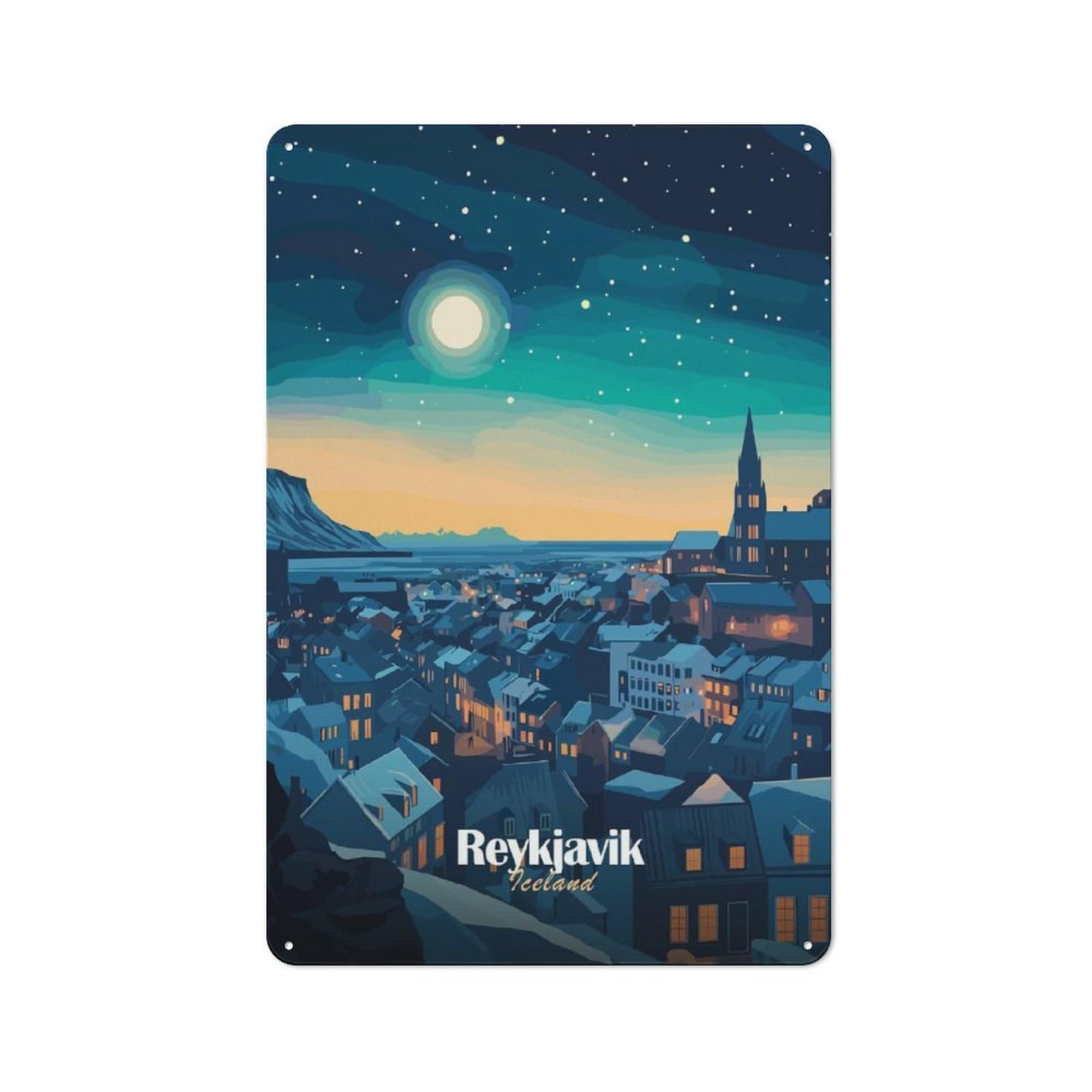 Junmoney Style-11 Reykjavik Night Cityscape Cafe Metal Sign 30X20cm, Bistro Style Bistro Wall Plaque For Coffee Bar, Small Shop Or Dining Room