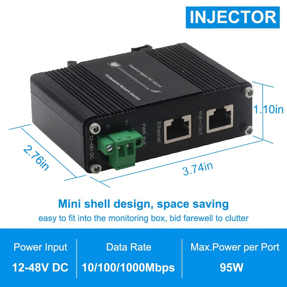 Industrial PoE++ Gigabit Injector 12-48VDC Input - Din Rail/Wall Mount,IEEE 802.3 at,Outdoor Rated Networking Power Supply 95W Ethernet Over Power for Industrial Devices and Camera