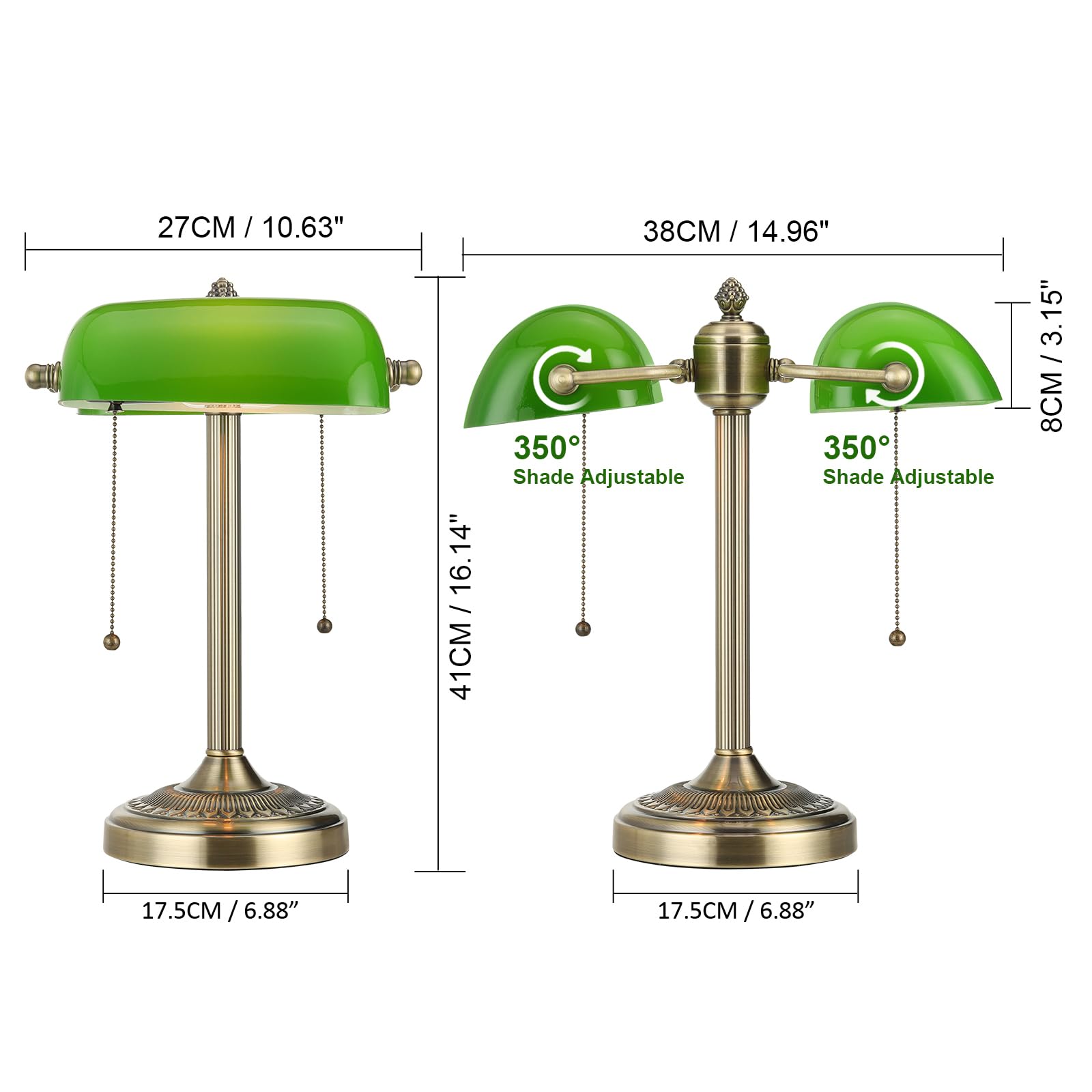 Newrays Green Glass Bankers Desk Lamp with Pull Chain Switch Plug in Fixture