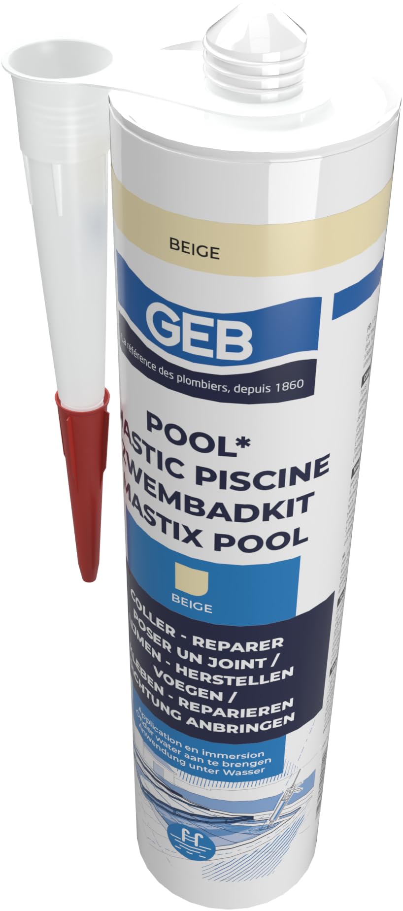 GEB - Masilla impermeable especial para piscina (290 ml), color beige para pegar, rejuntar y reparar elementos de piscina, azulejos, mosaico, margelle, proyector, desagüe