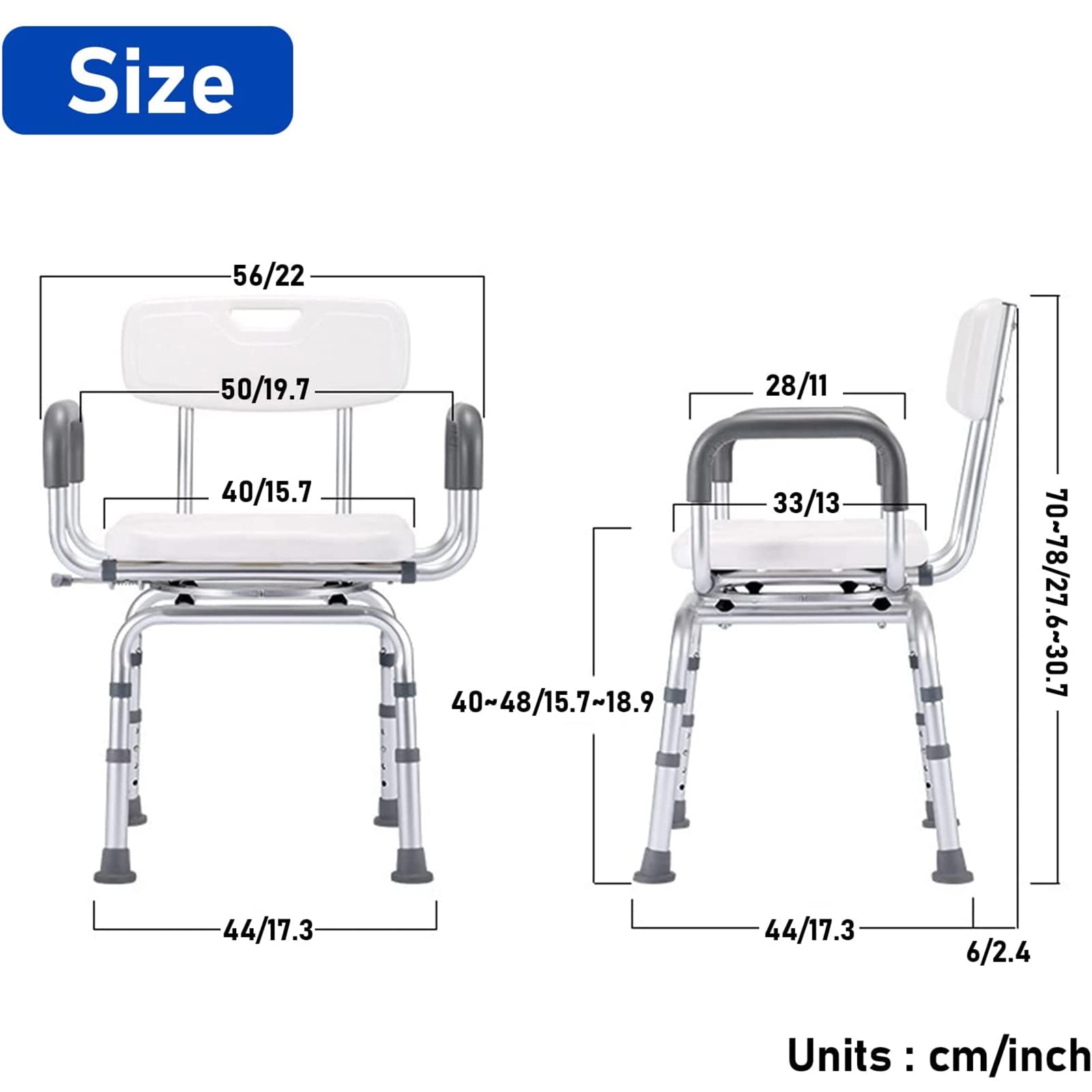 Silla de ducha giratoria de 360° para ancianos con rieles – Sillas de baño antideslizantes con respaldo – Asiento de ducha ajustable resistente y taburete para personas mayores – Seguro y cómodo
