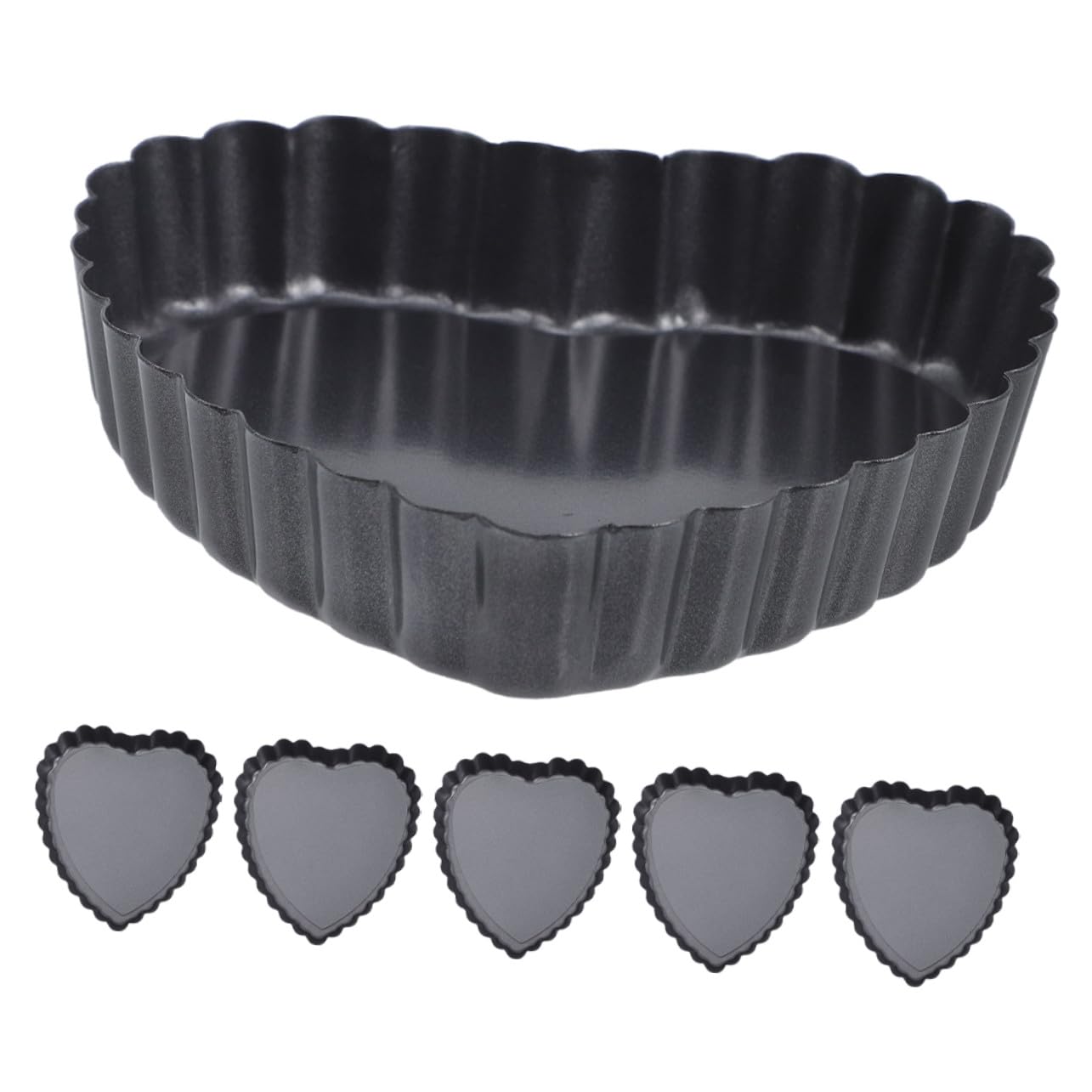 Moules à Gâteaux Miniatures Design Ondulé Élégant Lot de 6 de Cœur avec Fond Amovible en Acier Carbone Noir Antiadhésif pour Cuisson et Préparations de Fête