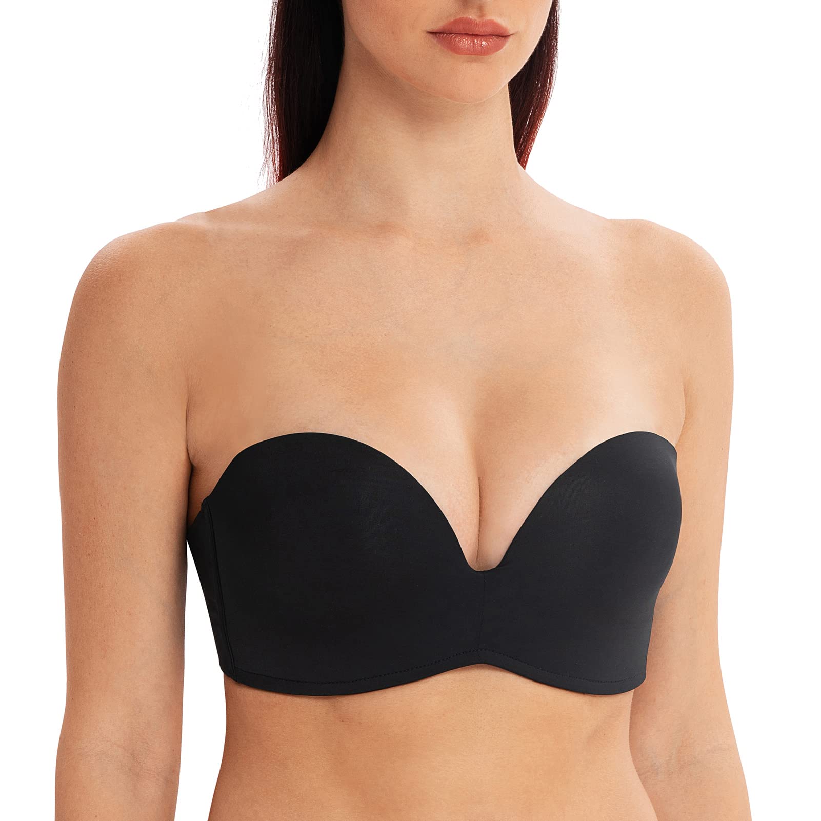 MELENECA Women's Wireless Stay-Put Seamless Lightly Padded Push Up Strapless Bra Black 44C