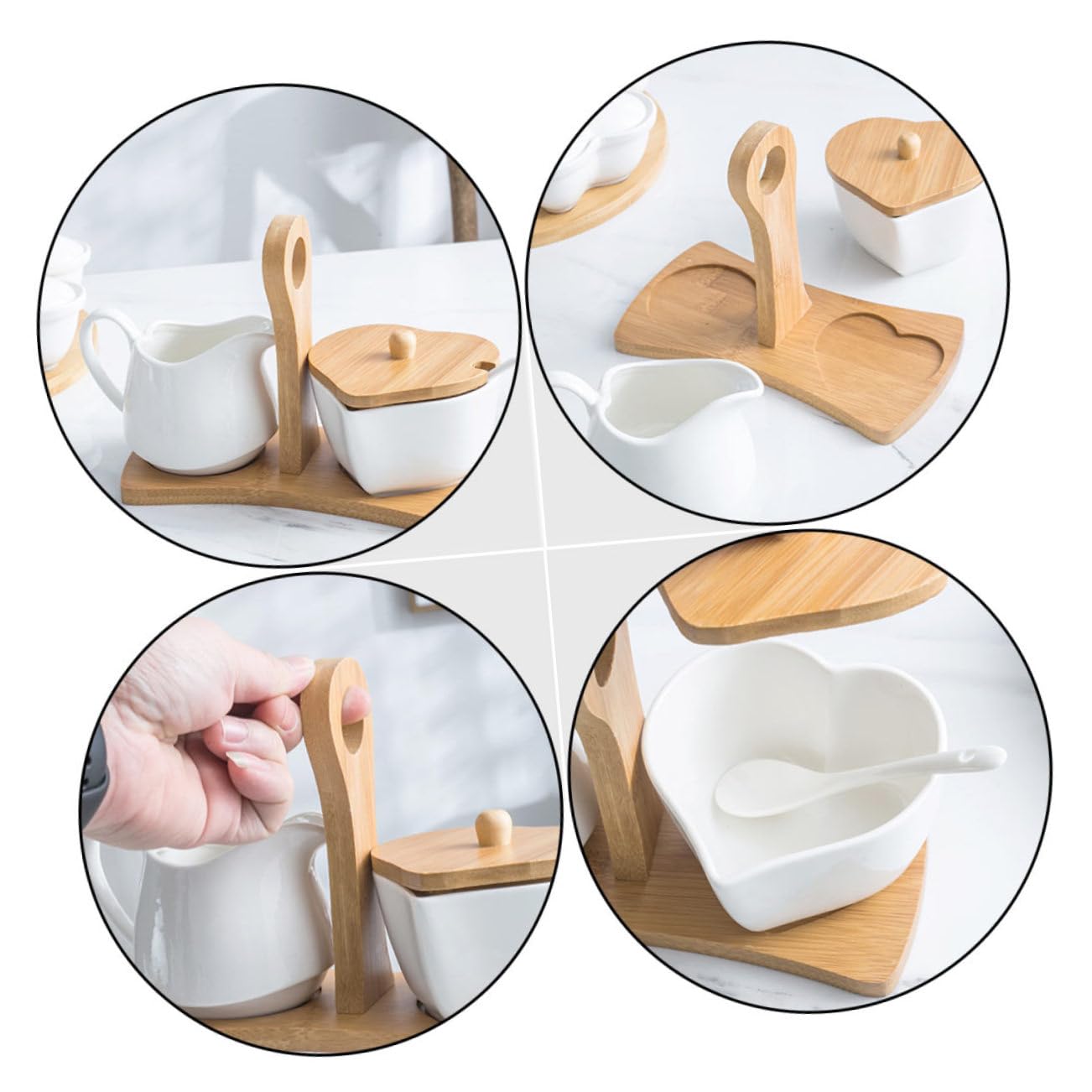 ULTECHNOVO Sucrier Céramique Blanc avec Pot à Lait et Set Rangement Cuisine avec Poignée en Bois Design Simple et Compatible Four Micro-ondes Décoration pour Maison