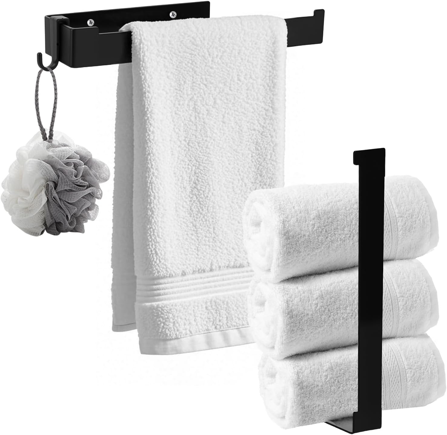 MCPINKY Hand Towel Holder, 2PCS Black Face Towel Bar Ring Racks with Hook for Closet Drilling Installation for Kitchen Bathroom Cabinet Shower Wall Mounted