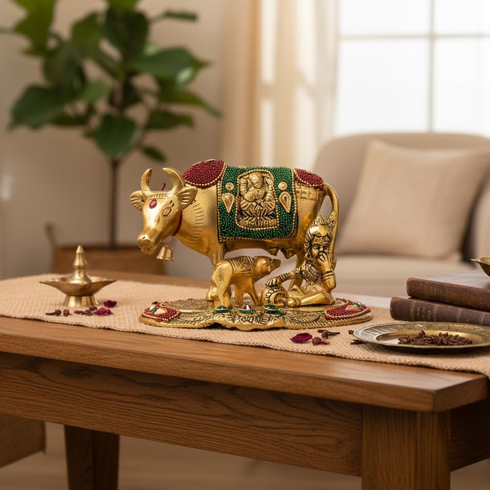 Image of KridayKraft Kamdhenu Cow,Calf with Bal Gopal Krishna Metal Statue for Good Luck,Feng Shui As Table Top Figurine,Vastu,Religious Gau MATA Idol Home,Office&Table Decorative,Animal.