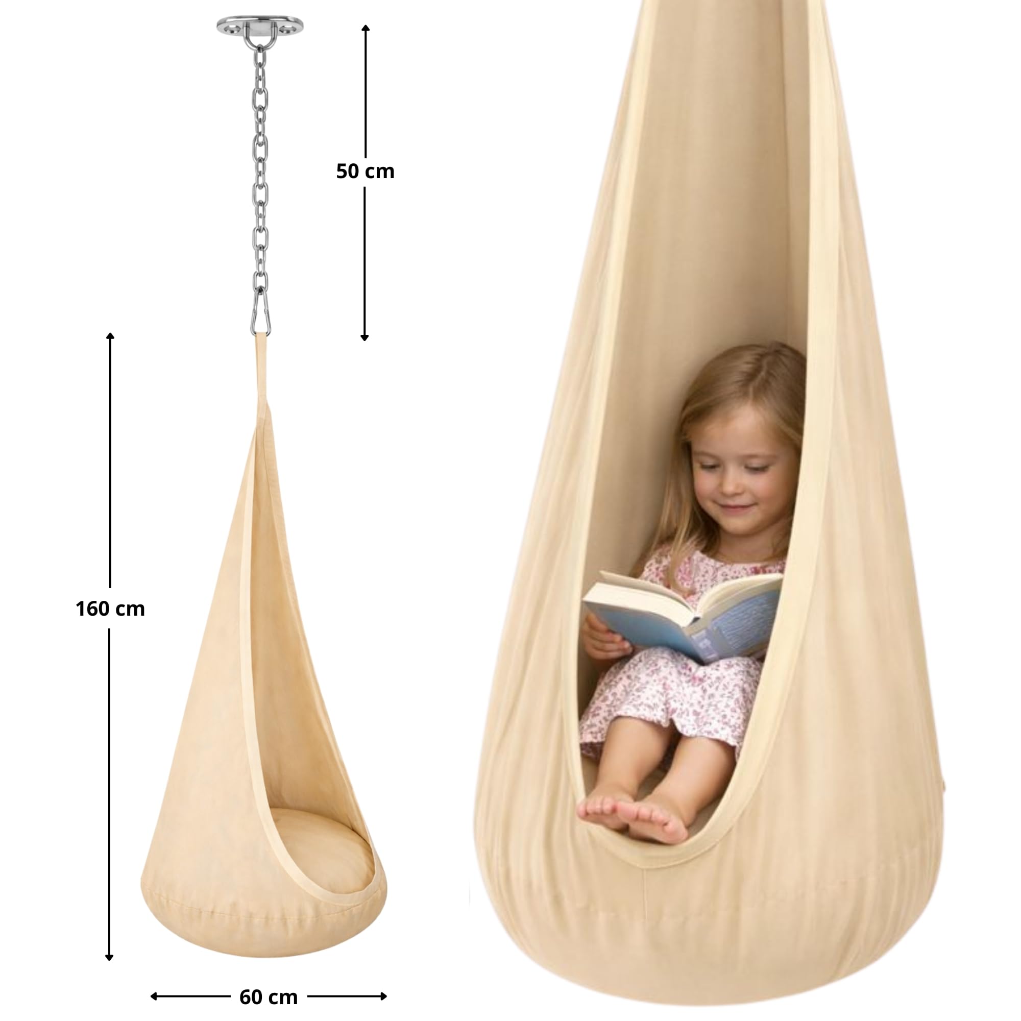 Hängesessel Kinder mit Kette, Hängeschaukel, 60 kg, Beige