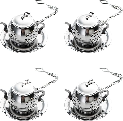 Meichu - Juego de 4 coladores de té de hojas sueltas con cadena y bandejas de goteo, filtro de té para taza, taza y jarra (tetera)