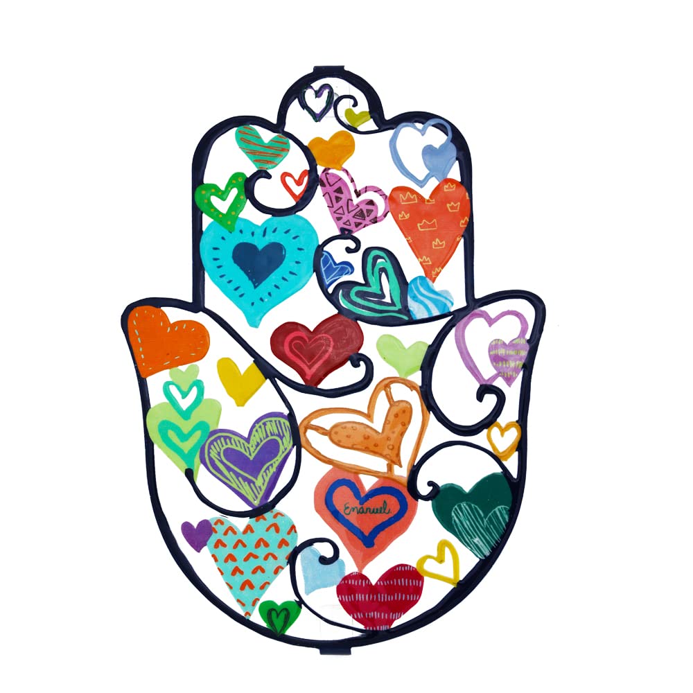 EMANUEL Yair Metal Hamsa Wall Decor Good Luck Home Blessing Judaica Art Gift (Hearts, Large (9.5' X 6.5'))