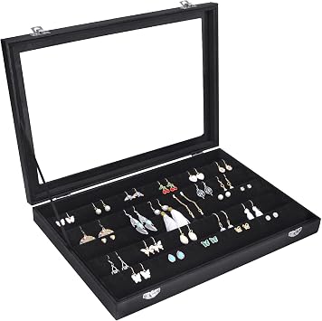 Siveit Earring Organizer Tray Velvet Earring Display Organizer Storage Box Premium 110 Slot 55 Pair Earring Display Organizer with Transparent Glass Cover Suitable for Women and Girls Black