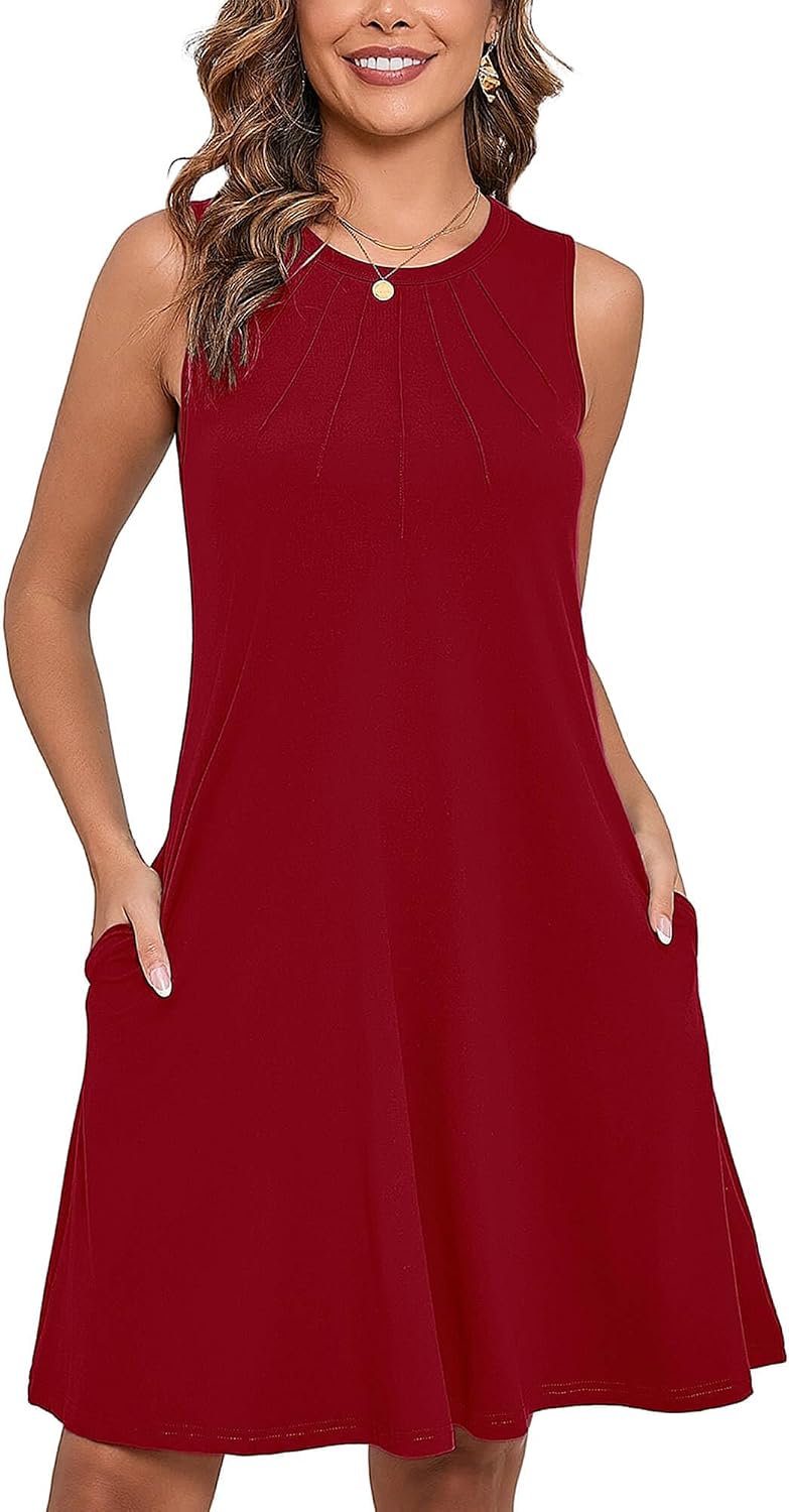 Women's Sleeveless Swing Beach Dress with Pockets - Casual Button Down Summer Dress