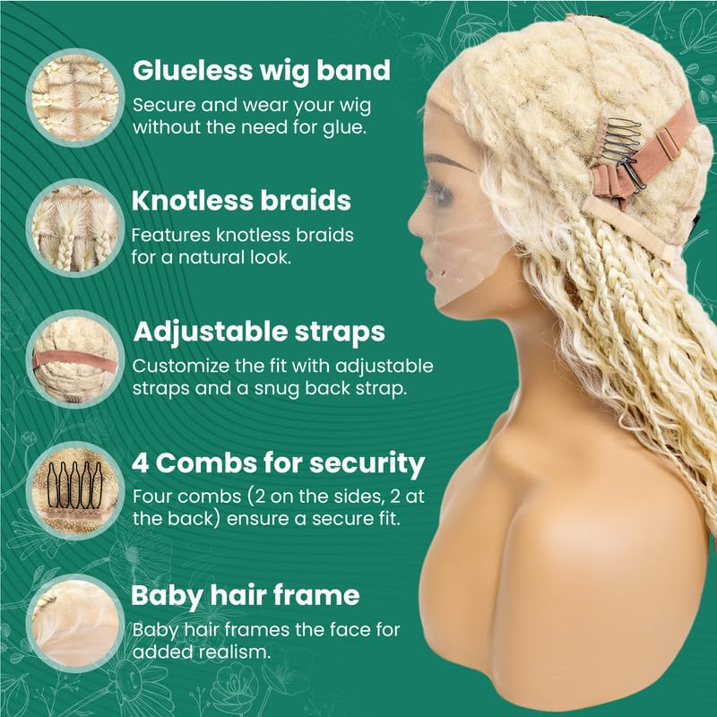 PIB 24" - Single Full Lace Braid Wig – Boho Box Braided Wig Square Parted, Knotless Braided Wigs for Black Women, Synthetic Lace Wigs with Natural Baby Hair (613, Platinum Blonde)