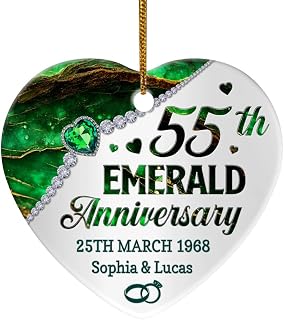 Personalized Christmas Ornament with Name, 55th Emerald Wedding Anniversary Couple Rings, Gifts for Spouse Wedding Anniversary, Xmas Tree Decor Spouse Parents Grandparents