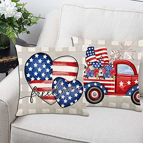 Gaonini 4Th Of July Decorations Patriotic Pillow Covers 18X18 Set Of 4, Memorial Day Independence Day Throw Pillow Covers Outdoor, Buffalo Check American Flag Heart Star Pillow Case For Home Couch #TOP6
