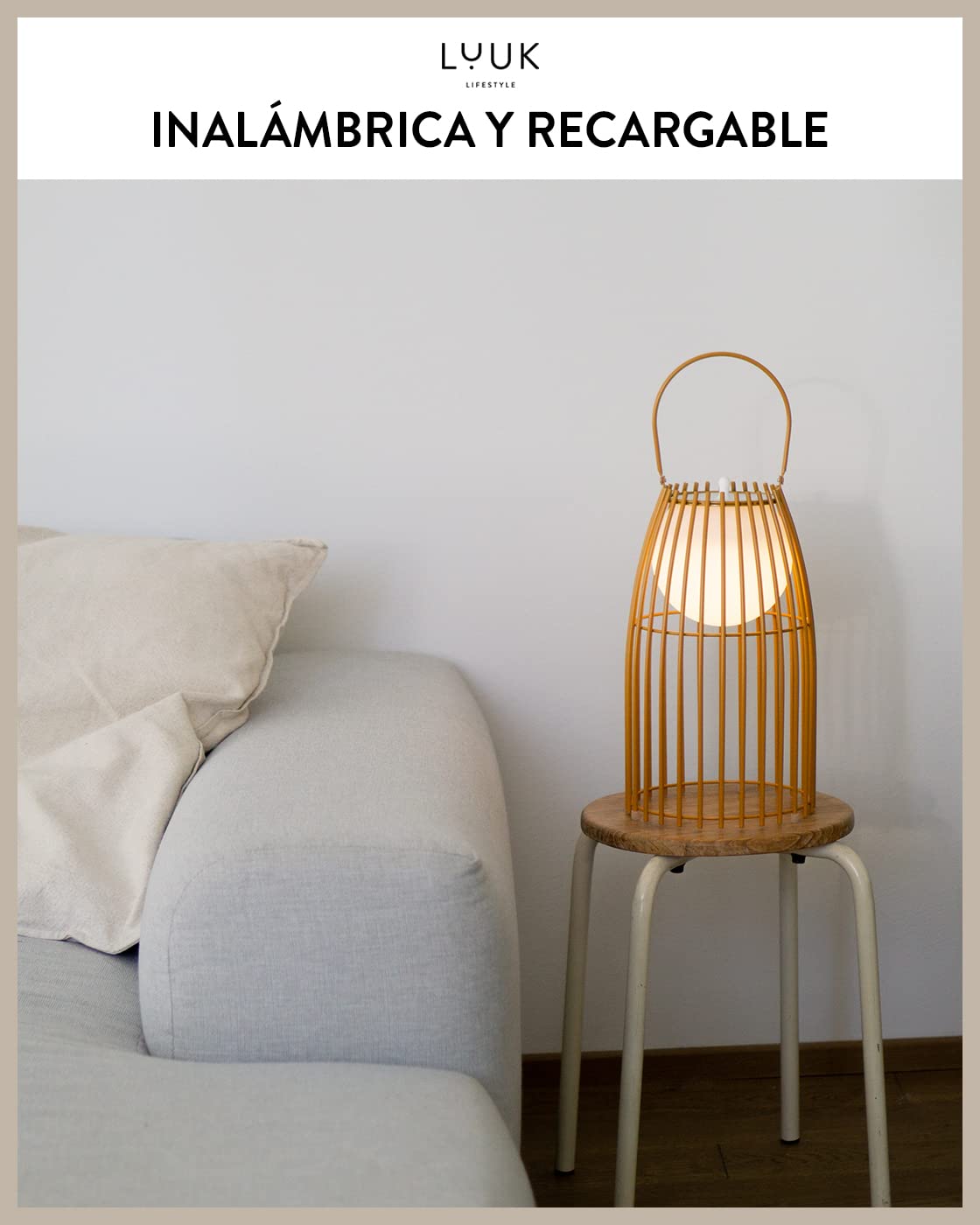 LUUK LIFESTYLE Lámpara LED recibidor sin cable, iluminación interior, lámpara de mesa, diseño ecológico, brillo regulable, batería recargable por USB, luz ambiental, curry mate