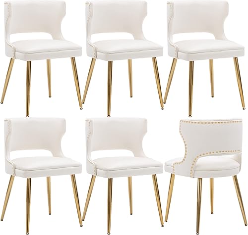 Miniatura 19 de Juego de 4 sillas de comedor de terciopelo beige con patas doradas, juego de 4 sillas de comedor modernas de mediados de siglo con respaldo de