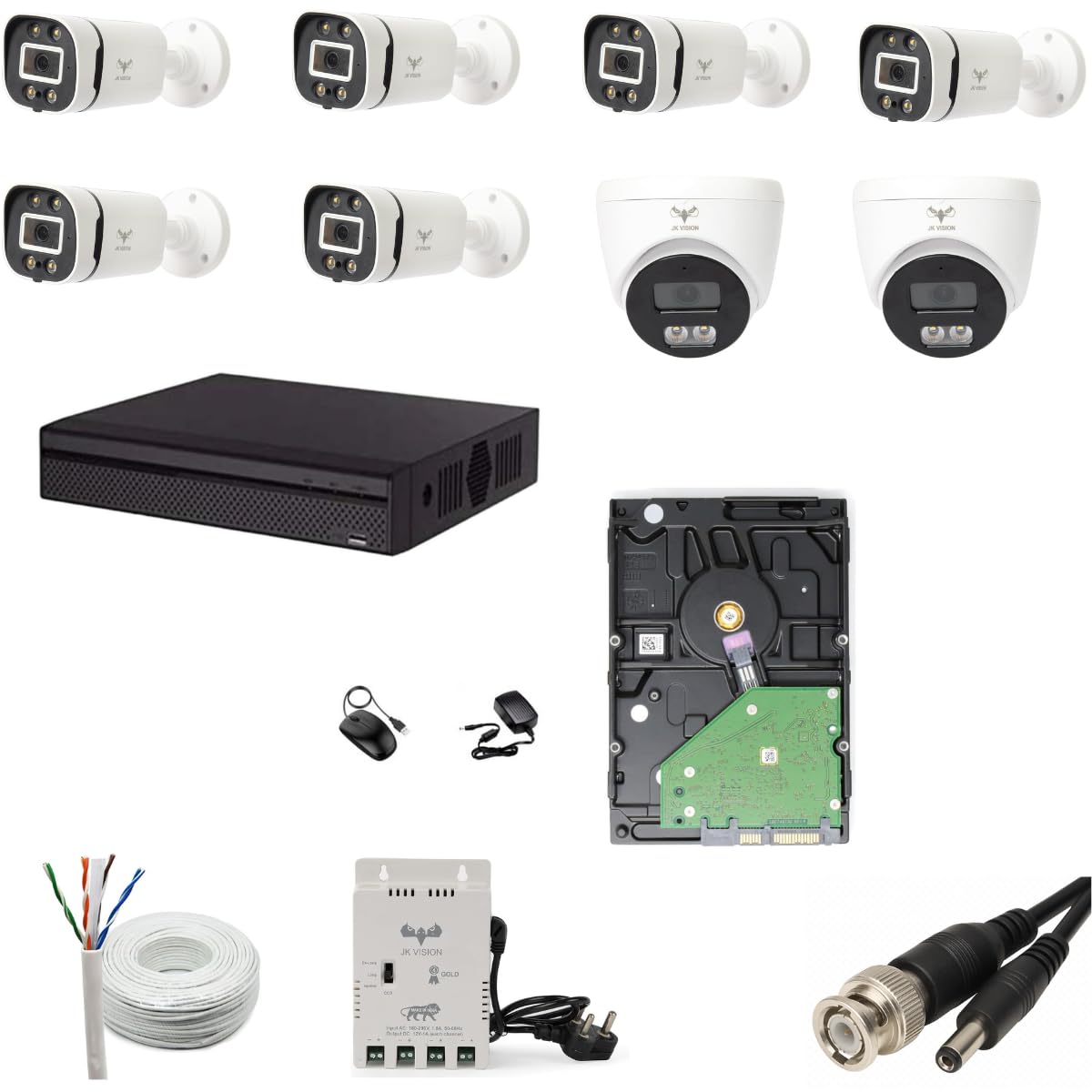 JK Vision 2.4MP ColorVu CCTV Camera System for Home, Office, School (6 Bullet, 2 Dome, 1TB Hard Disk, 8 Channel Power Supply, DVR, 90Mtr Cable, BNC/DC)