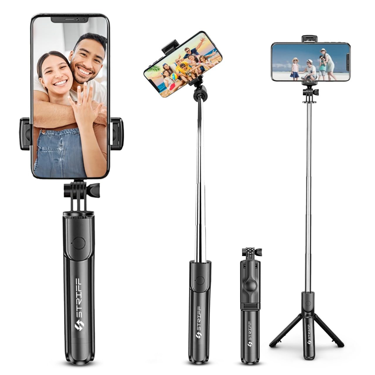 STRIFF AirSnap 3-in-1 Bluetooth Selfie Stick with Wireless Remote & Tripod Stand | Extendable, Lightweight & Portable | Compatible with All Smartphones (iPhone, Samsung, OnePlus, Vivo & More) - Black