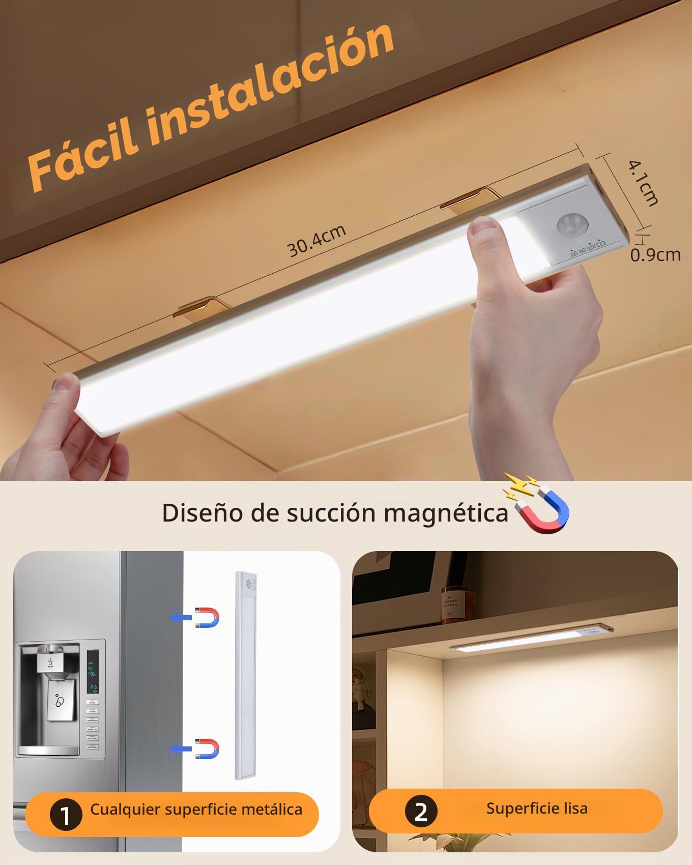 Aigostar 3 Pcs Luz LED Armario Sensor de Movimiento, Bajo Mueble Cocina 30.4cm, 2200mAh USB-C Recargable, Color y Brillo Regulable, Magnética Adhesiva, Aluminio, Inalámbrica