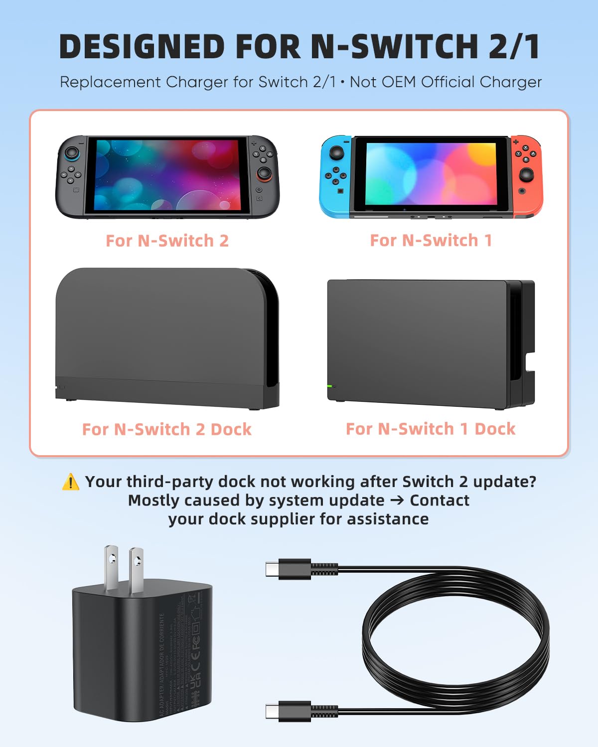 KOVA Switch 2 Charger - 60w AC Power Adapter for Nintendo 2/1, 5FT/1.5M UBC Cable, Support 4K TV Dock, PD3.0 Fast Charging Supply 20V/3A for Nintendo Wii Charger, [Replacement for OEM Switch2 Charger] in use