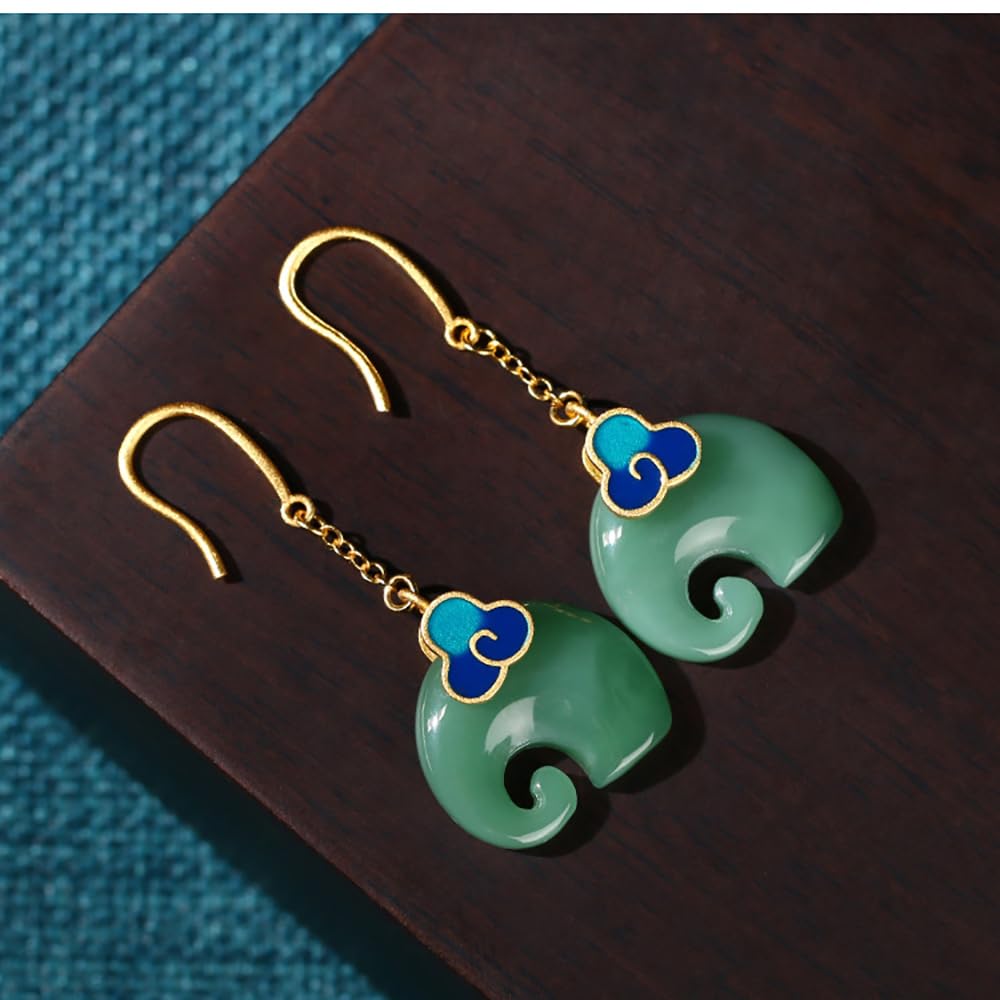 WBDWWTD Auspicious Clouds Elefantenförmige Emaille- und Hetian-Ohrhänger, exquisiter Vintage-Jade-Schmuck aus Sterlingsilber, Geschenke für Frauen