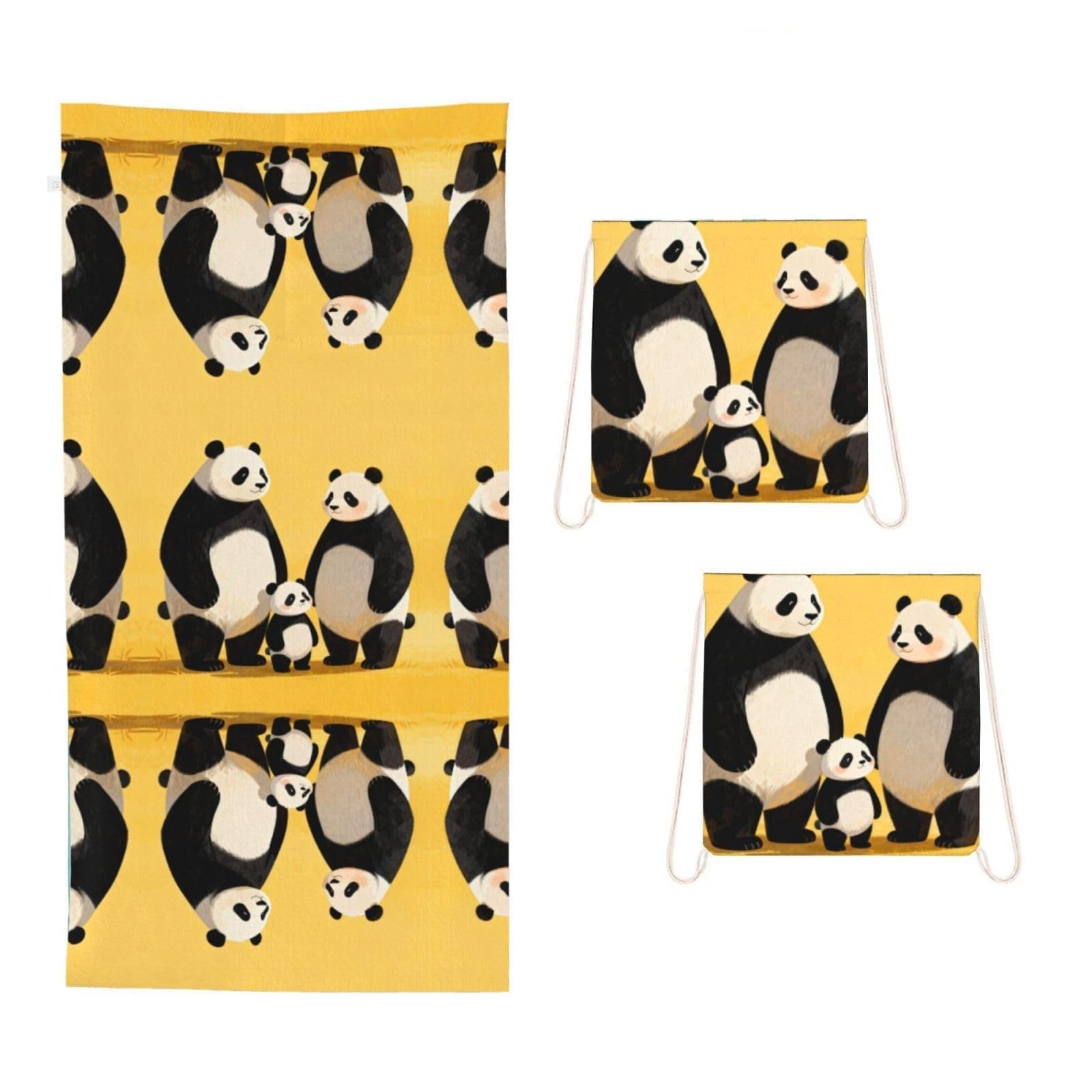 CNTDBU Panda Family 2 in 1 Packable Towel Bag-Large Beach Towel with Stuff Sack, Super Absorbent Microfiber Travel Towel for Pool