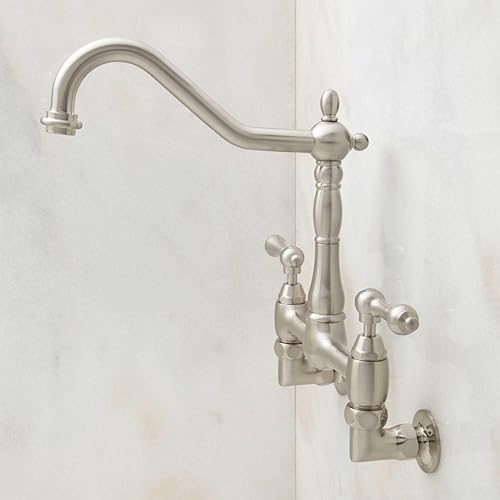 Miniatura 4 de Signature Hardware 206511 Felicity 1.8 GPM Grifo de cocina de puente montado en la pared de doble manija