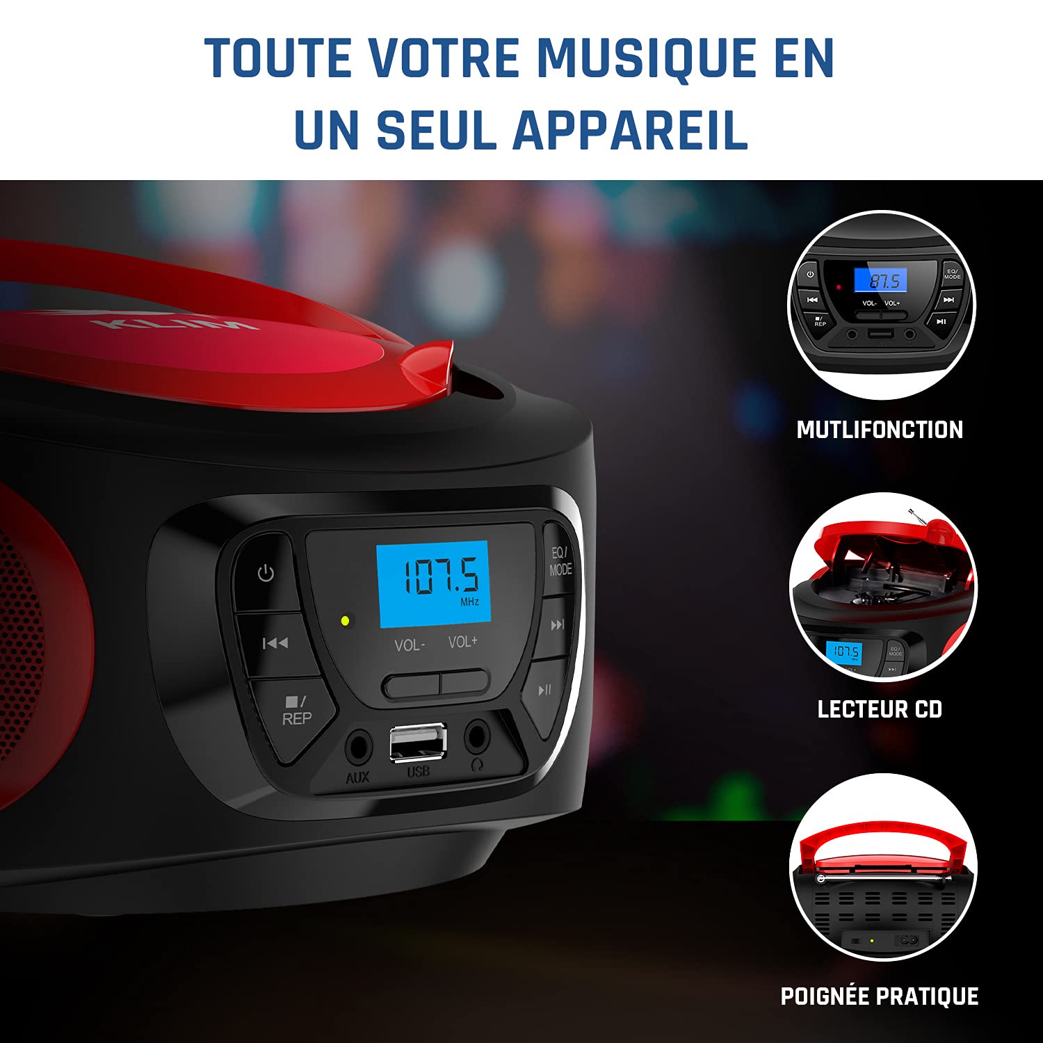 KLIM Boombox Poste Radio CD -Radio FM, Poste CD Bluetooth, MP3, USB, AUX - Piles Rechargeable Incluses - Modes Filaire et sans Fil - Compact et Robuste Lecteur CD Portable- Rouge