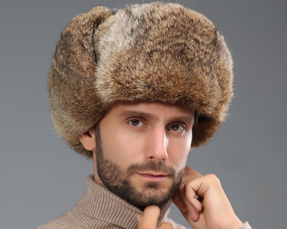 BSYLOO Earflap Trapper Hat for Winter Aviator Windproof Hat Ski Trooper Hat Cap Faux Rabbit Fur Cap for Men Women Brown