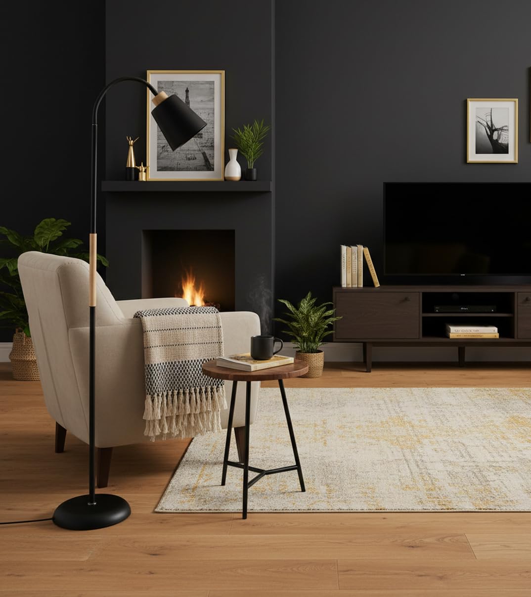 BEL AIR HOME - Lámpara de Pie SWEDEN - Metal Madera Altura 150cm Acabado Mate Brazo Orientable Portalámparas E27 Iluminación Escandinava para Salón y Lectura (NEGRO)