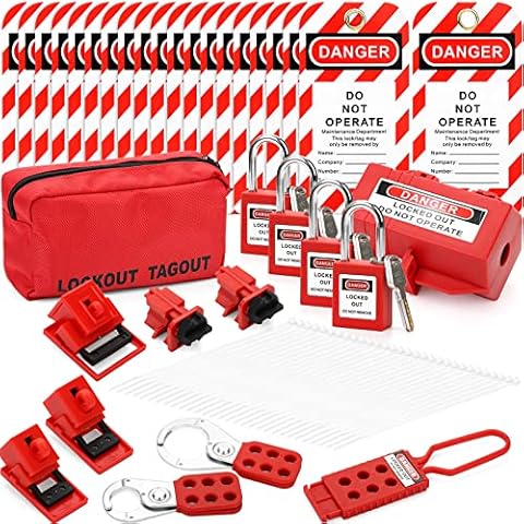 WUWEOT Electrical Lockout Tagout Kit, Hasps Set, Clamp on and Universal Multipole Circuit Breaker Lockouts, Lockout Tags, Plug Lockout, Loto Locks, Nylon Zip Ties, Carrying Bag Set (2 Key Per Lock) Cover
