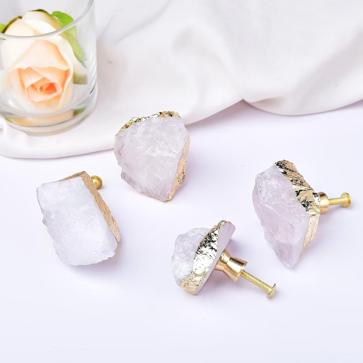 White Crystal Stone Cabinet Knobs Geode Drawer Knobs Handles Decorative Gold Plated Gemstone Cupboard Pulls for Home Office Decor 4 Pack